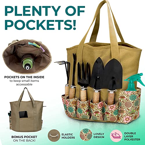 Scuddles Garden Tools Set - 8 Piece Heavy Duty Gardening Kit with Storage Organizer, Ergonomic Hand Digging Weeder Rake Shovel Trowel Sprayer Gloves Gift for Men Or Women