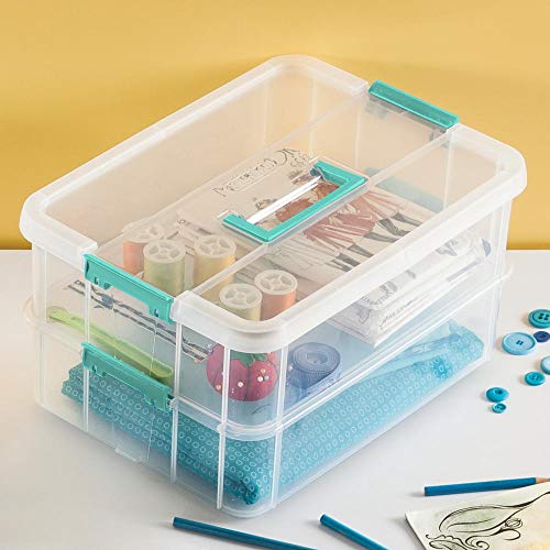 Tribello Stack & Carry 2 Layer Handle Box, Clear Plastic Stackable Case With Lid And Blue Handle - For Organization, Size 14 X 10 X 7- Made In Usa #TOP2