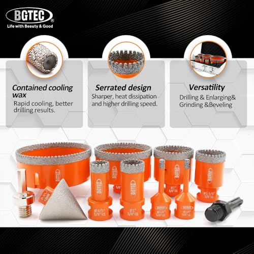 Image of BGTEC Diamond Core Drill Bits-11PCS 5 /8-11 Thread Tile Hole Saw 6 /6 /20 /25 /35 /50 /75 /100mm+50mm Beveling Chamfer Bit+SDS /HEX Adapter for Pocelian Tile Ceramic Marble Granite Stoneware