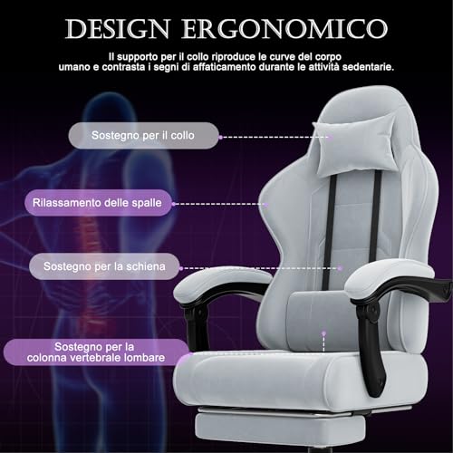 Sedia Gaming in tessuto, Sedia da Ufficio Ergonomica con poggiatesta, Sedie Gamer con cuscino per massaggio lombare, Poltrona Gamer con ruote, poggiapiedi, altezza regolabile,Grigio Chiaro - Sedia gaming - Immagine 6