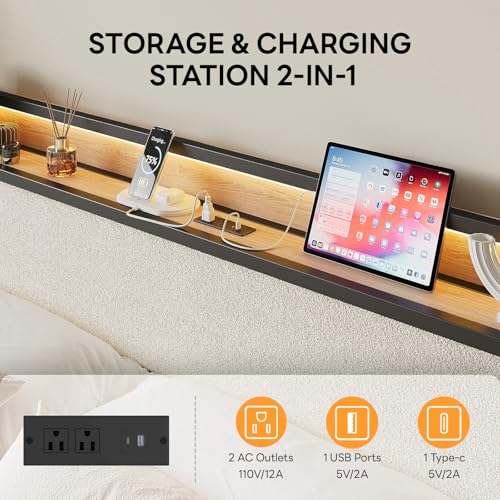 Image of LIKIMIO California King Bed Frame with Storage Headboard and LED Lights, Metal Platform Bed with Charging Station, Noise Free, No Box Spring Needed, Under Bed Storage, Natural and Cream