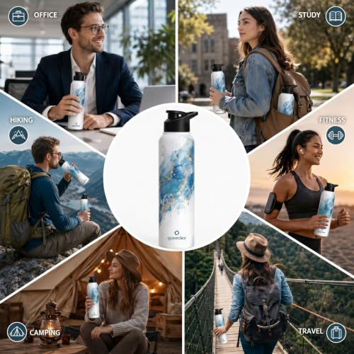 Image of Speedex Stainless Steel Water Bottle 1 Ltr (1000ml), BIS Approved, Leak-Proof Sipper Cap, Ice Marble Printed Design, Office, School, Travel, Daily Use, Men, Women, Boys, Girls, Kids, Set of 4