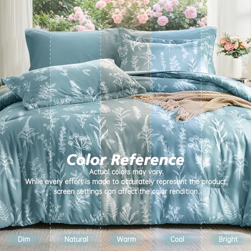 Image of MUXHOMO Blue Bed in a Bag Queen 7 Pieces, Queen Comforter Set Reversible Botanical Flowers Design, Ultra Soft & Breathable Bedding Sets with Comforter, Sheets, Pillowcases & Shams