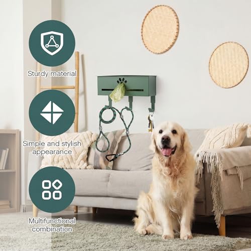 Image of Blulu Wall Mount Dog Poop Bags Dispenser Holder with Hooks Metal 200 /300 Single Large Roll Pet Waste Station Bags Dispenser for Outdoor Indoor Home Yard Doggy (Green)