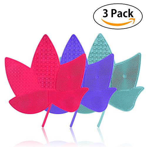 Makeup Brush Cleaning Mat, AHIW Silicone Brush Cleaner Pad Set, 3PCs Cosmetic Washing Tool Scrubber Suction Cup Kit Beauty with Handy Hook, Portable Drying Tower Plate- Maple Leaf Shape