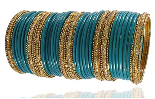 Image of NMII Glass With Zircon Gemstone Studded Worked and Ball Chain Or Plane Gloosy Finished Bangles Set For Women and Girls