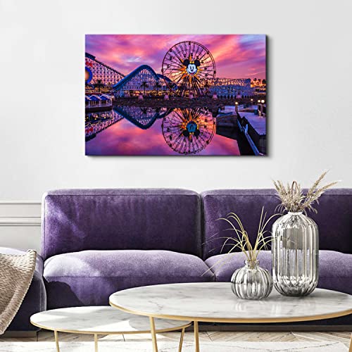 Image of Nature Disney Wall Art Canvas Prints for Living Room, Sunset Disneyland Scenery Picture Decor Purple Mickey Ferris Wheel Landscape Painting Poster Panoramic Artwork Bedroom Kitchen Decoration 24x36 inch