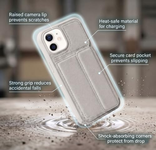 Image of amazon basics Luxury Vegan Leather Back Cover for iPhone 12 | Built-in Card Holder Slot | Integrated Mobile Stand | Slim Shockproof Protective Case with Stitched Finish - Gray