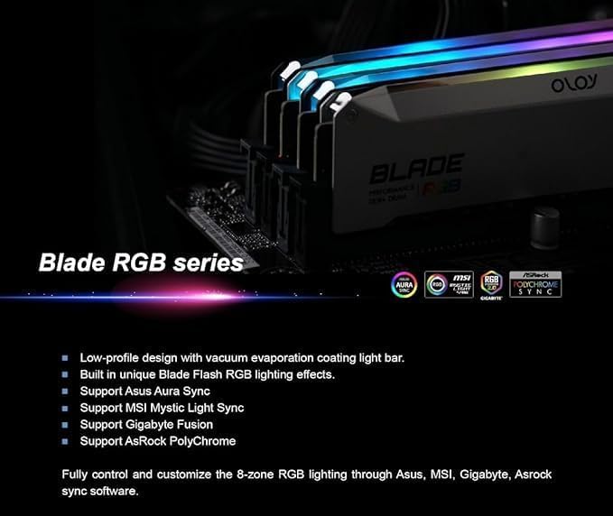 Miniatura 3 de OLOy DDR4 RAM 16 GB (2 x 8 GB) Hoja de línea capilar negra RGB 3200 MHz CL16 1.35V 288 pines para juegos de escritorio UDIMM (MD4U0832160BRKDA)