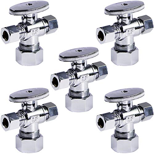 Image of Midline Valve 86358QS-OM-5 Water Supply Angle Stop Valve; Dual Outlet; Quarter Turn Wheel; for Toilet, Sink, Dishwasher; 5 /8'' x 3 /8'' x 3 /8'' Compression; Chrome Plated Brass (5 PK)