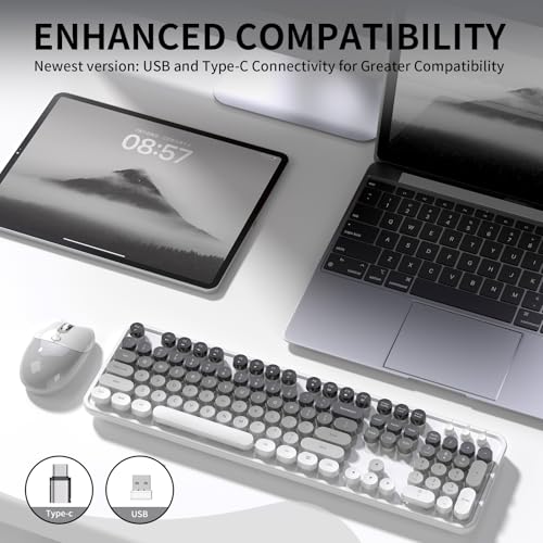 Image of Creamy Wireless Keyboard and Mouse, MOFII 104 Round Keycaps Retro Typewriter with OTG & Brush, Full-Size Ergonomic, Ideal for Windows PC, Home, Office and College Gray White