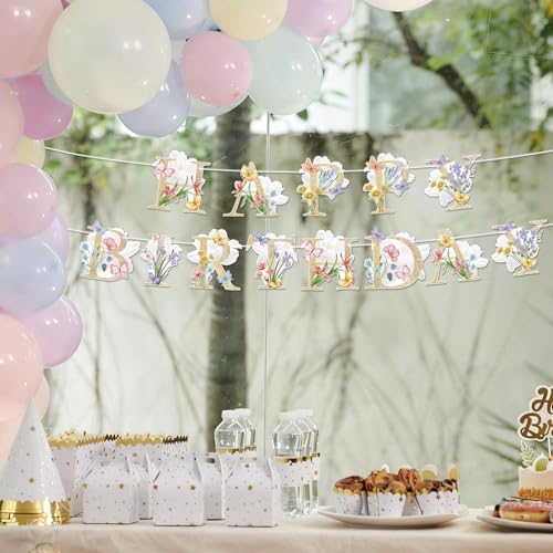 Image of Flower Butterfly Happy Birthday Banner Boho Wildflower and Butterflies Baby Banner Flower Birthday Decorations for Women Kids Girls Party Supply
