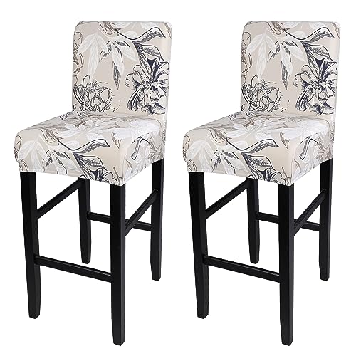 Image of SearchI Bar Stool Covers Set of 2, Stretch Washable Barstool Seat Covers, Counter Height Chair Covers for Kitchen Dining Room Cafe (Beige and Blue Flower)