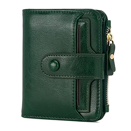 Image of Women's RFID Mini Soft Leather Bifold Wallet With ID Window Card Sleeve Coin Purse, Waxed Green, Modern