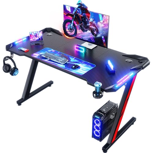 Devoko Mesa Gaming LED 120 x 60 cm, Escritorio Gaming de Fibra de Carbono, Mesa de Juego, Escritorio de Juego Ergonómico con Ganchos para Auriculares y Soporte para Vasos de Agua