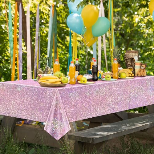 Image of Just Shimmer Light Pink Holographic Tablecloth 40 x 108, 1 Pack Iridescent Shiny Plastic Table Cover for Girls Birthday, Baby Shower, Bridal Shower, Princess and Bachelorette Party Decorations