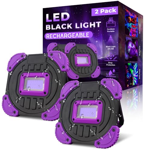 Rechargeable Black Light, Cordless 395nm Battery Powered Blacklights for Glow Party, IP65 Waterproof, Body Painting, Fishing, Halloween, Neon Glow Party, Christmas, Gifts, 2 Pack