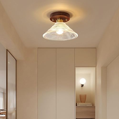 Miniatura 2 de Mid Century Modern Semi Flush Mount E26E27 Base Ceiling Light with Glass Shade Wood Close to Ceiling Lamp for Bedroom Dining Room Hallway Entryway