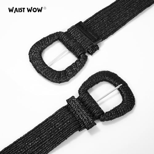 Image of Straw Woven Elastic Belt for Women Stretchy Belts for Dress Fashion Boho Waist Belt Rattan Raffia Ladies Belts