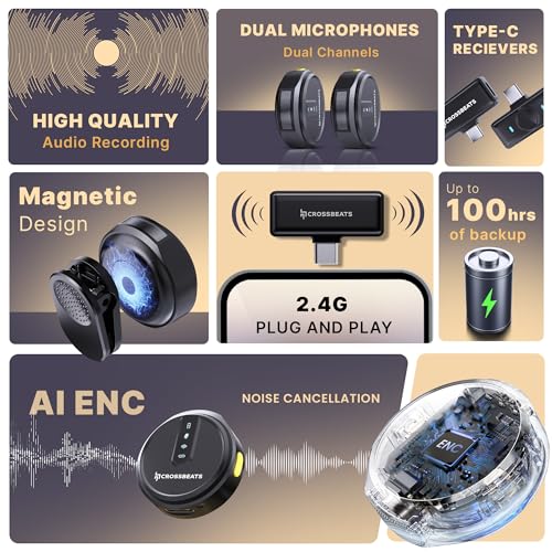 Image of CrossBeats Clip M02 AI Wireless Mic for YouTube Video Recording,iPhone 15 /16,Type C,Vlogging,Content Creation for iOS and Android,Collar Lavalier Lapel Bluetooth Mic Wireless Microphone(2025)