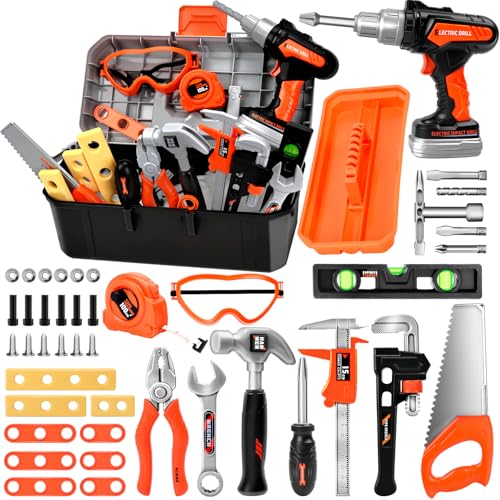 Breibowski Toddler & Kids Tool Set with Electric Drill, 43 PCS STEM Educational Pretend Play Kit for Ages 3-8 - Realistic Tools & Portable Toolbox, Learning Gift for Boys & Girls (Orange/Black)?
