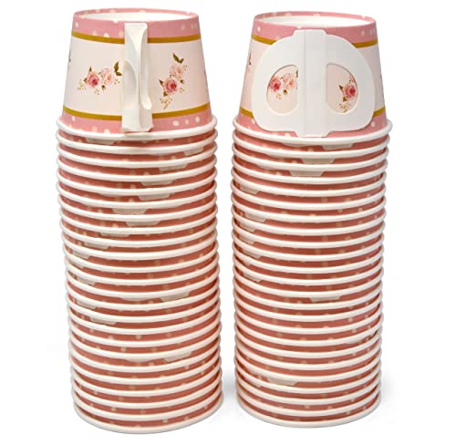 48 Count Floral Tea Party Treat Cups With Handle 10 Oz. Disposable Paper Snack Cup Dessert Ice Cream Teacup Bowls Pink Flowers Design For Frozen Treats Cupcakes Party Favor Supplies Decorations #TOP4