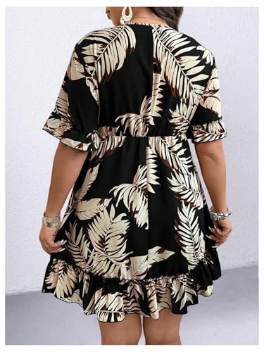 Women's Plus Size Tropical Dress Ruffle Flowy Boho V Neck Short Sleeve Knot Front Summer Vacation Dresses2