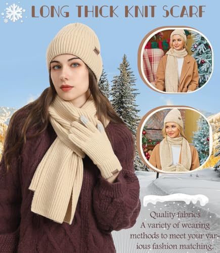 Image of Womens Beanie Hat Scarf Gloves Set 3PCS,Fleece Lined Winter Skull Cap Thick Knit Scarf Anti-slip Touchscreen Gloves Unisex
