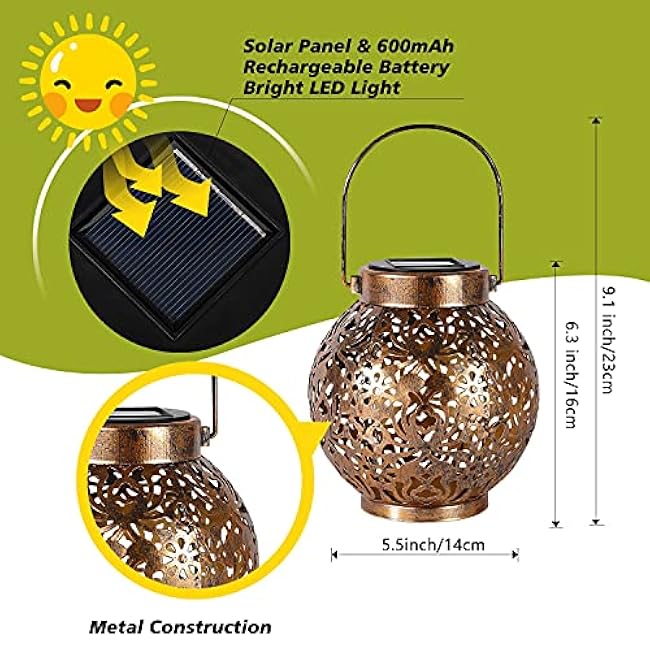 Set of 2 Solar Lanterns Outdoor Hanging Decorative Lights for Garden Patio Porch Decorations. (Bronze)