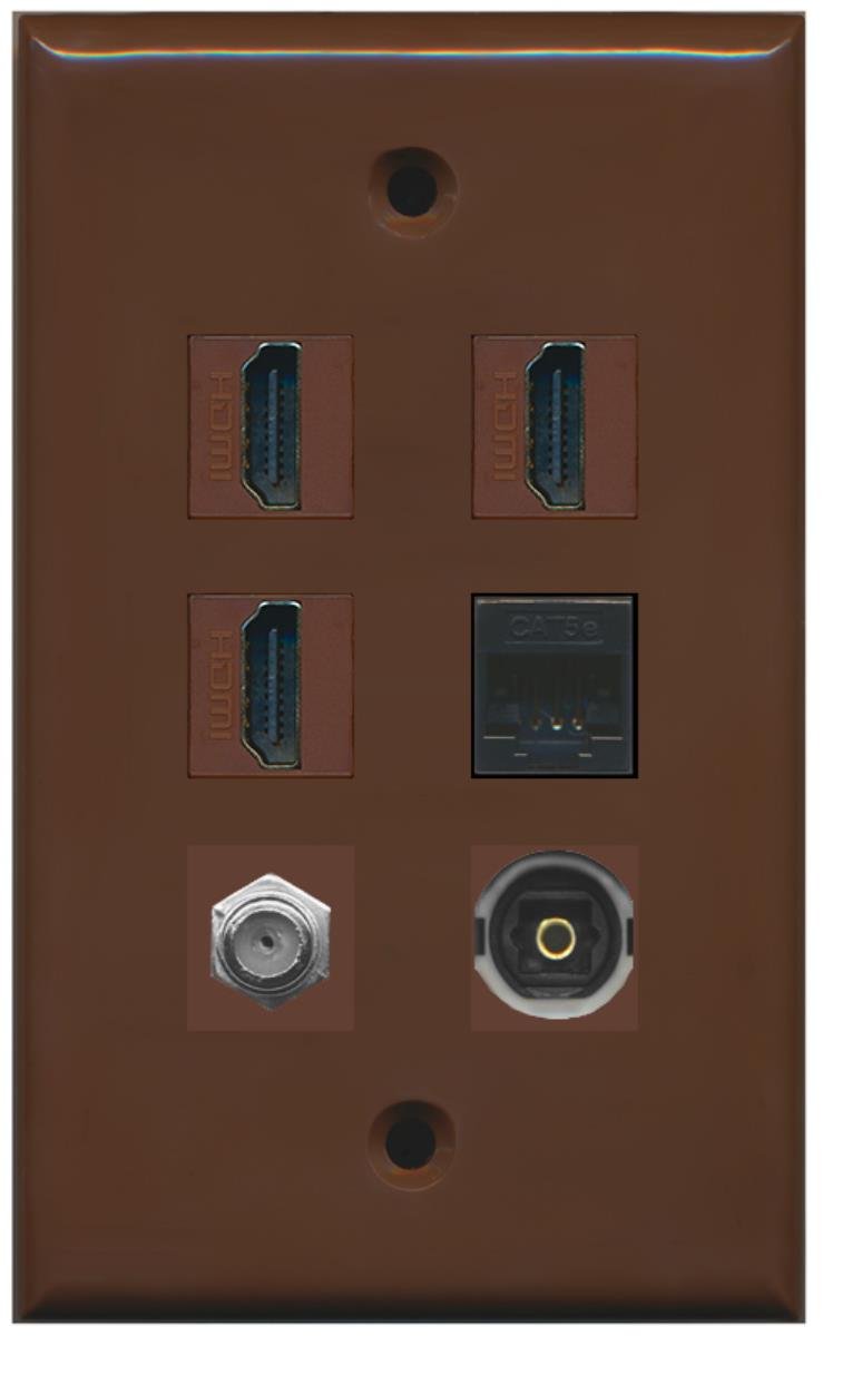 RiteAV - 3 HDMI 1-portowy kabel koncentryczny TV- typ F 1 port Toslink 1 port Cat5e Ethernet płyta ścienna - brązowy