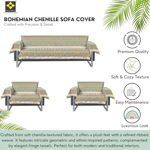 Image of Elegant Woven Green Sofa Cover Soft Chenille Traditional Pattern with Lace Style | L-Shape Sectional Seat Protector for Living Room | Durable & Stylish Slipcover 5 Seater with Arms