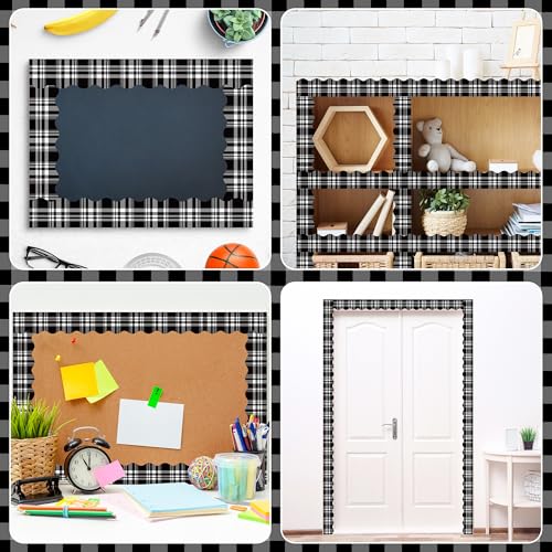 Image of BeYumi Black Plaid Border Trim - 65ft Back to School Classic Black and White Plaid Scalloped Rolled Border Trim Checkered Bulletin Board Set School Classroom Office Chalkboard Wall Holiday Party Decor