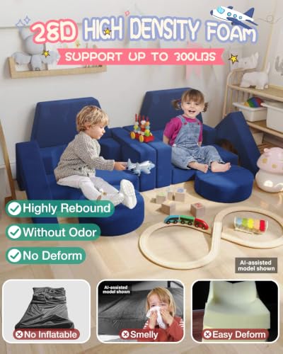 Image of YEFU 15pcs Modular Kids Play Couch，1000+ Imagination Creative Play | for kids ages 1+,7 shapes,countless configurations,30D high-density foam,fort building,washable cover, playroom,birthday gift