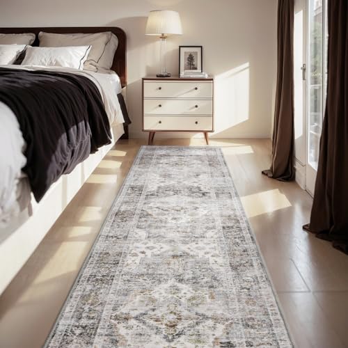 AMOAMI-2X10 Runner Rug-Washable Runners for Hallways-Soft Non Slip Bedside Rugs for Bedroom-Vintage Long Rug for Hallways Entryway Laundry Room Stair Kitchen Bathroom Grey