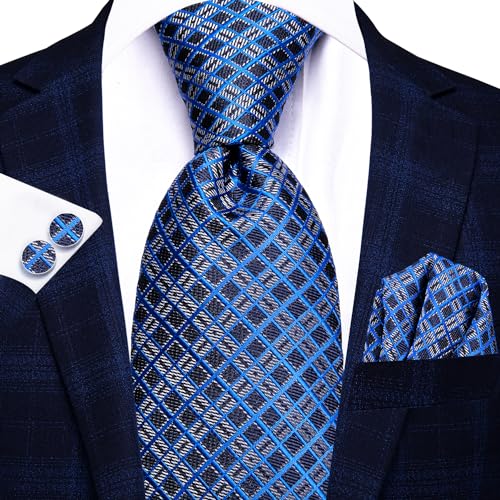 Image of Hi-Tie Men 63inches Tie Set Extra Long Necktie Paisley Tie Pocket Suqare Cufflinks Big and Tall Men Tie,Blue Plaid