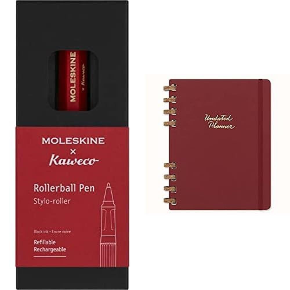 Moleskine x Kaweco Stylo Roller Rechargeable en Plastique ABS pour Écrivains, Rouge Agenda Non Daté, Agenda à Spirales 12-Mois avec Couverture Rigide, Format XL 20 x 25 cm, Crush Cherry