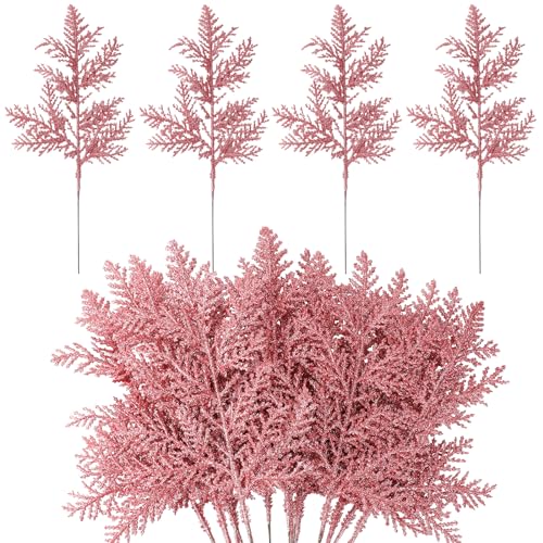 MWOOT 16 Piezas Ramas de Pino Artificiales con Purpurina, Falsas Agujas de Pino Navidad Rosa, Púas de Vegetación para DIY Manualidades Guirnalda Árbol de Navidad Mesa Decoración del Hogar y Jardín