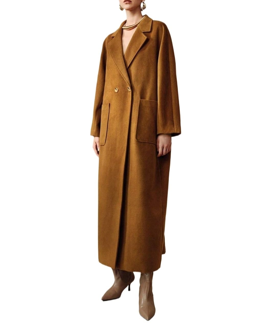 Womens Winter Fashion H-Shaped Lapel Collar Large Pockets Patch Pocket Long Trench Coat Trench Coat