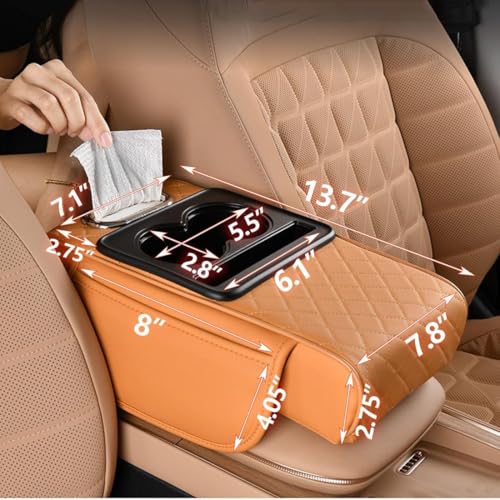 Image of Car Armrest Cushion,5-in-1 Center Console Cover with 2 Storage Bags Cup Holder, Tissue Box Slot, Phone Slot for Sedans, Car Accessories Interior Organizers (Pink)