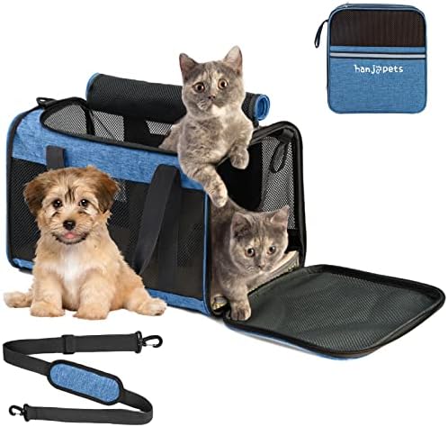 Hanjo Pets Large Cat Carrier 20lbs - Pet Carrrier Bag - Soft Sided Breathable Mesh Pet Travel Carrier for Dogs, Portable Top Loading Big Cat Carrier for 2 Cats, Folding Dog Soft-Sided Carrier, Blue
