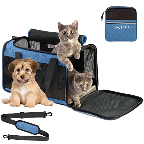 Hanjo Pets Large Cat Carrier 20Lbs - Pet Carrrier Bag - Soft Sided Breathable Mesh Pet Travel Carrier For Dogs, Portable Top Loading Big Cat Carrier For 2 Cats, Folding Dog Soft-Sided Carrier, Blue #TOP3
