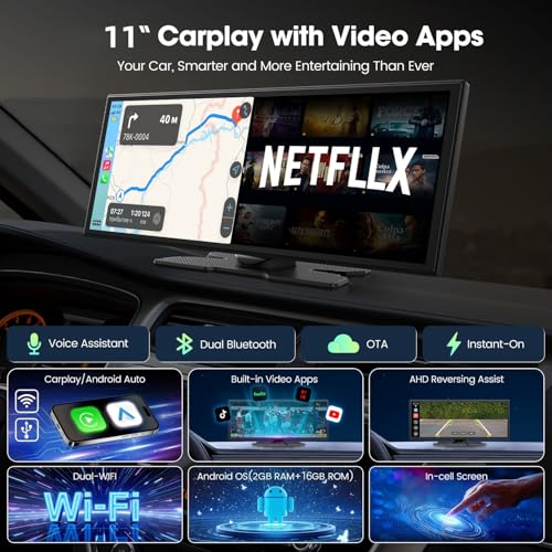 LAMTTO Upgraded 11'' Wireless Carplay Screen with Net-Flix YouTube Apps and Backup Camera Built-in Entertainment Video Box Navigation Voice Assistant for iOS 10+ Android 11+ - view 1
