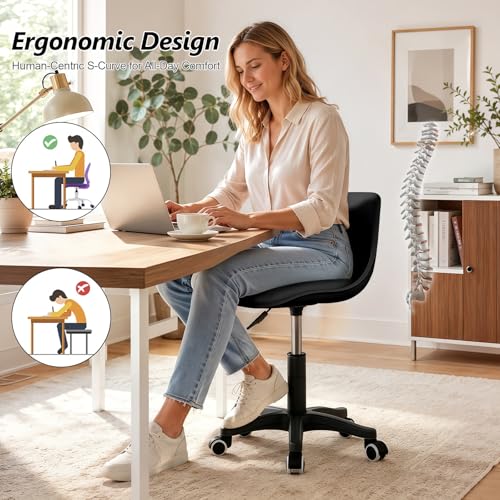 Image of Small Desk Chair Cute, Swivel Armless Task Chair with Soft Padded Cushion, Height Adjustable Home Office Desk Chair with Back for Adult, Study Room, Vanity, Office Work
