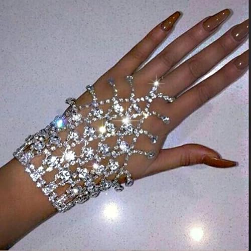 GORTIN Rhinestone Fingerless Gloves Silver Sparkle Wedding Glove Glitter Prom Hand Chain for Women3