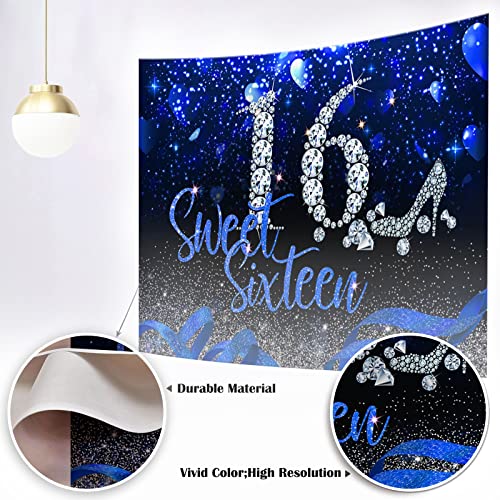 Image of Mocsicka Blue Silver Sweet 16th Birthday Backdrop 7x5ft (82x60 inch) Vinyl Material Blue Heart Diamonds Background Party Banner Decoration