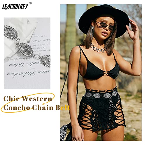 Image of LEACOOLKEY Women Turquoise Concho Chain Waist Belt Silver Western Cowgirl Metal Chain Belt for Dress Adjustable