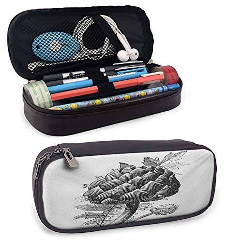 Artichoke Large Pencil Bag Pen Case, Black and White Artichoke Bud Drawn