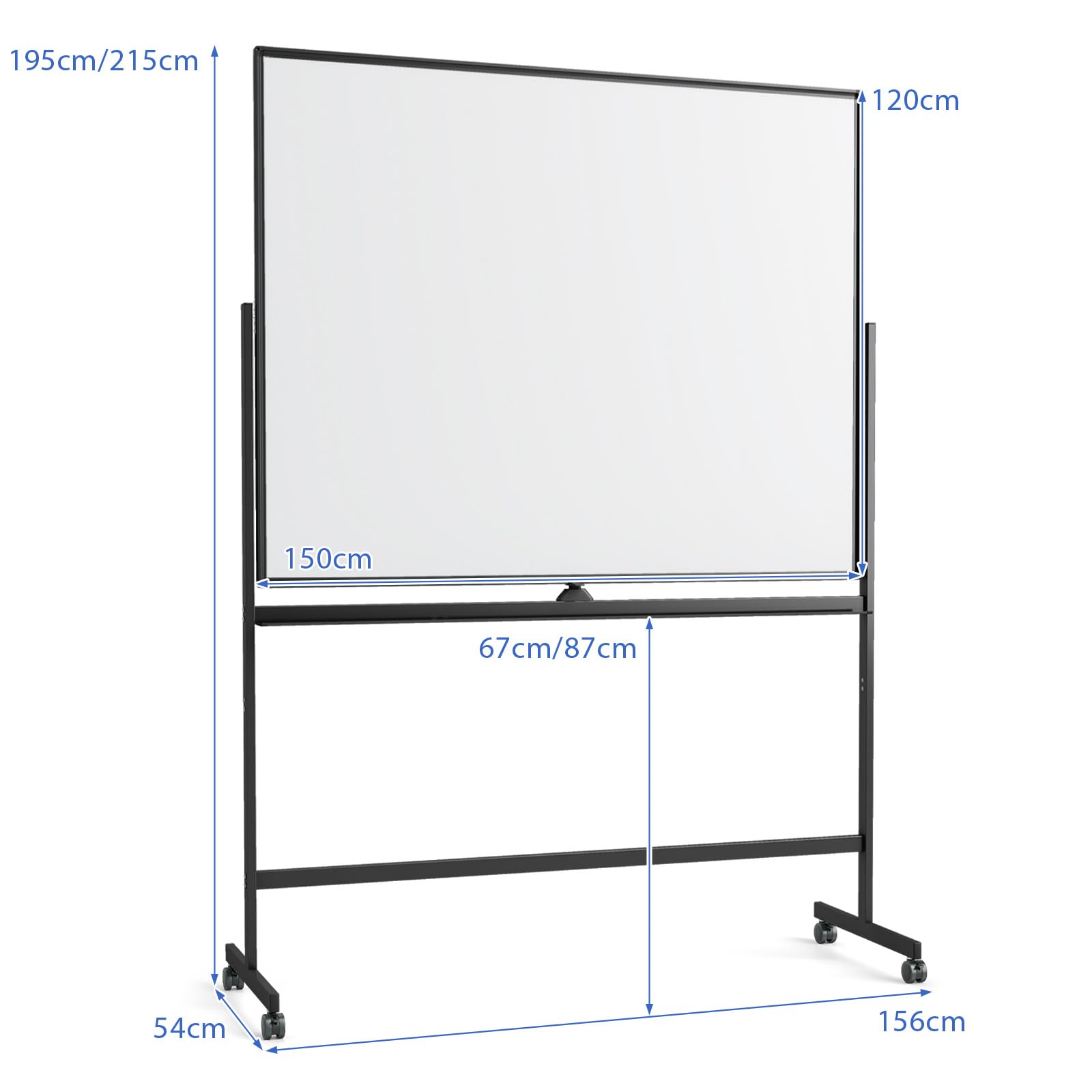 GIANTEX Pizarra Blanca Magnética de Doble Cara, Pizarra Móvil con Altura Ajustable de 2 Niveles, Reversible 360°, con Borrador, Marcadores Negros, Imanes, para Hogar, Aula, Oficina (150x120cm,Negro)