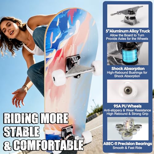 Image of Skateboards for Beginners Adults Youths Teens Kids Girls Boys 31 Inch Pro Complete Skate Boards 7 Layer Canadian Maple Double Kick Concave Longboards
