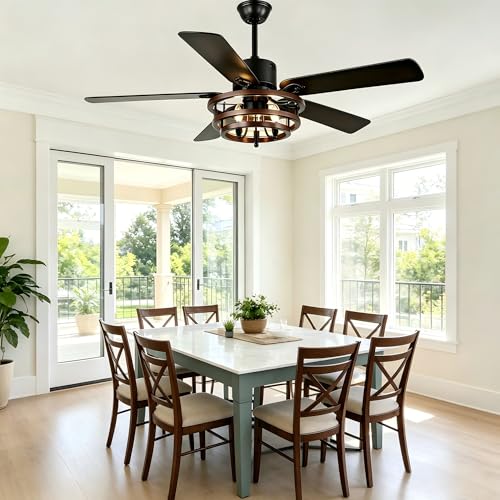 Image of 52 inch Farmhouse Ceiling Fan with Lights and Remote Rustic Fandelier | DIY Shape Caged Chandelier Light, for Bedroom Living Room Indoor, 3 E12 Bulbs (Not Included), Reversible Quiet DC Motor
